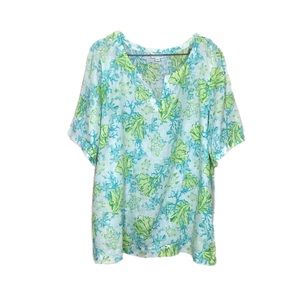 J. Jill 100% Linen Beachy Boho Fun Novelty Print Split Neck Blouse Top XL